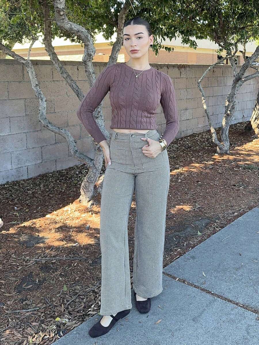 Andrea Bello 千鸟格加厚前袋西装裤,商务休闲女,卡其色女裤,职业装,女正装裤,制服裤,秋冬阔腿女裤 - 卡其色 - 查看 1