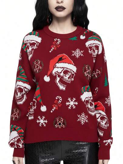 Goth Pull-shirt à imprimé tout-sur-tout crâne sombre et couronne de Noël