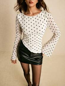 Poéselle Women's Elegant Commuter Polka Dot Flare Sleeve Asymmetric Hem T-Shirt Full Sleeve Tops Bell Sleeves Polkadot Top Romwe Tops Bell Sleeves Top,Fall,Fall Clothes For Women