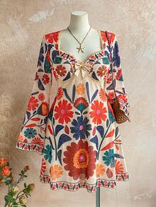 Dreamara Plus Size Women Floral Print Lace Trim Butterfly Sleeve Mini Dress, Suitable For Vacation, Autumn/Winter - Multicolor - View 1