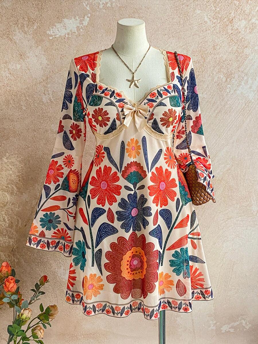 Dreamara Plus Size Women Floral Print Lace Trim Butterfly Sleeve Mini Dress, Suitable For Vacation, Autumn/Winter - Multicolor - View 1