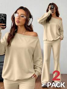 SHEIN EZwear 女式春夏基本款针织纯灰色宽松露肩不对称领口长袖运动衫和喇叭裤健身套装 - 杏色 - 查看 5