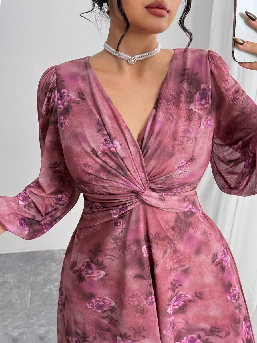 Modelyn Plus Size Elegant Floral Print Twist Waist Dress For Commuting - Multicolor - View 1