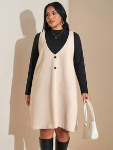 SHEIN Tall CURVE 女式加大码纯色立领长袖 T 恤和围兜连衣裙休闲两件套 - 彩色 - 查看 3