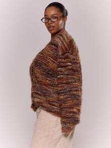 MUSERA Plus Textured Knit Button Up V Neck Cardigan Everyday Cute  Festive, Holidays, Party, - Brown - View 3