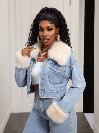 BamGleam Chaqueta vaquera de mujer con parche de piel sintética desmontable, diseño vintage de chaqueta vaquera corta