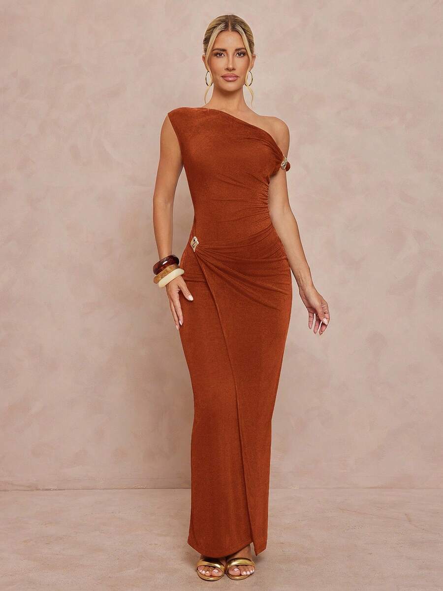 Lumalex 女式不对称肩部镂空金属装饰腰部修身连衣裙 - 鏽棕色 - 查看 1