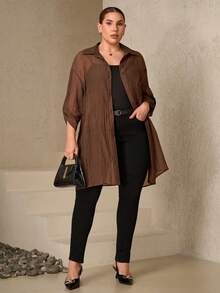 Chikora Plus Size Button-Up Long Sleeve Shirt For Women, Autumn Brown Blouse For Thanksgiving New Year Christmas Winter - Brown - View 6