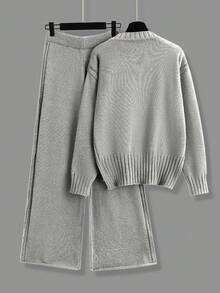 Franclia Women's Solid Color Round Neck Drop Shoulder Long Sleeve Sweater And Wide Leg Pants Casual Suit, Autumn/Winter