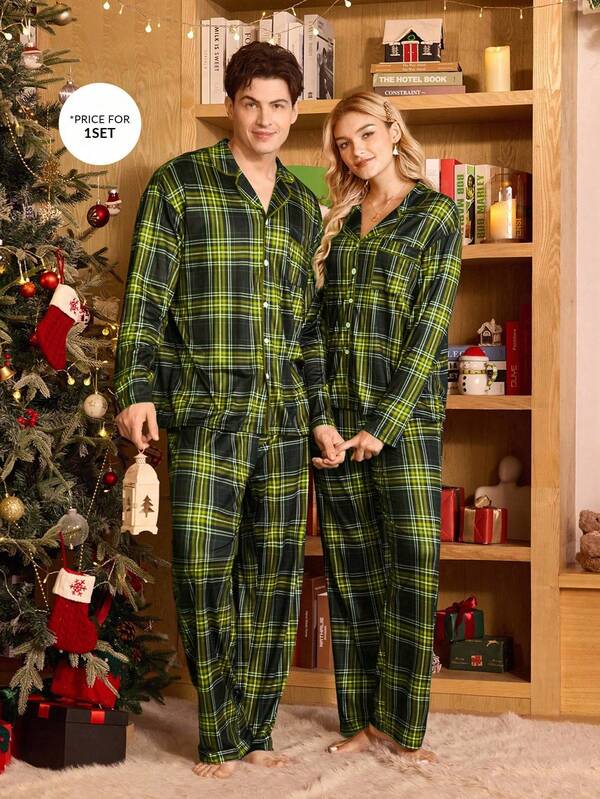 CoupledUp Conjunto de pijama casual de hombre con estampado de cuadros, cuello de solapa y botones delanteros de manga larga