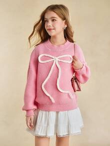 Tween Girls' Sweater With Embroidered Bow, Sweet Casual Versatile Daily Wear, Soft & Comfortable Fall Winter
