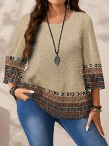 EMERY ROSE Chemise ample à col rond, imprimé tout-sur-tout, manches 3/4, pour femmes grandes tailles, automne/hiver - Multicolore - Voir 3