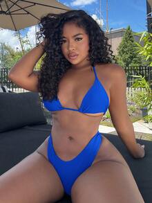 Alexandranx 女性夏季海灘純色領口性感比基尼套裝，適用於度假 - 寶藍色 - 查看 4