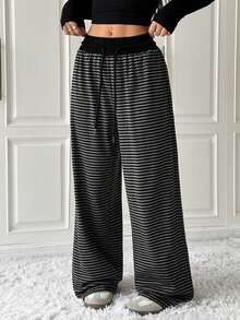SHEIN EZwear 女式黑白条纹针织抽绳腰休闲阔腿裤 - 彩色 - 查看 3