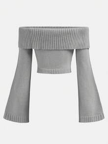 Girlism Tween Girls Knit Off-Shoulder Flared Sleeve Cropped Sweater In Almond White, Elegant Teenage Knitwear Suitable For Fall/Winter, Christmas, Party - Grey - View 2