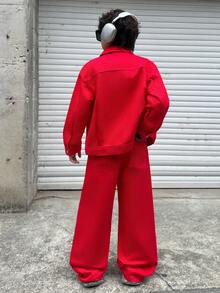 2 piezas Conjunto de moda casual de estilo vintage Y2K para niño preadolescente, un regalo decorativo navideño que incluye una chaqueta de mezclilla de cuello largo y mangas largas y unos pantalones vaqueros simples, cómodos y sueltos para ropa de diario y atuendos de otoño e invierno para niños, ropa de festival y ropa urbana