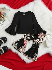 SHEIN Baby Girl Bell Sleeve Long Sleeve Top With Flared Floral Pants 2 Pieces Set Black Baby Girls Sets Baby Bell Bottom Outfit Flower Two Piece Set Toddler Girls Outfit Sets 12 Baby Clothes Girl Flounce Sleeve Toddler Girl Clothes Blackcozy Fall & Winter Styles