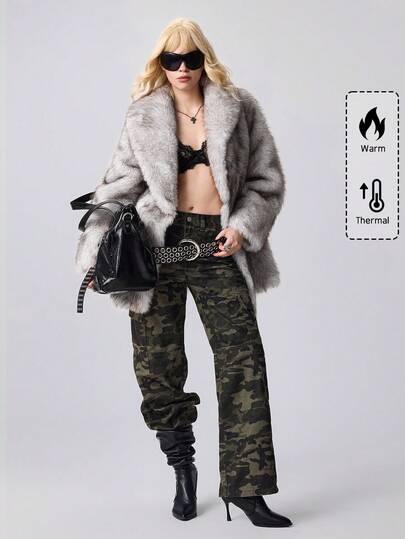 Women's Casual Loose Faux Fur Collar Long Sleeve Jacket, Winter