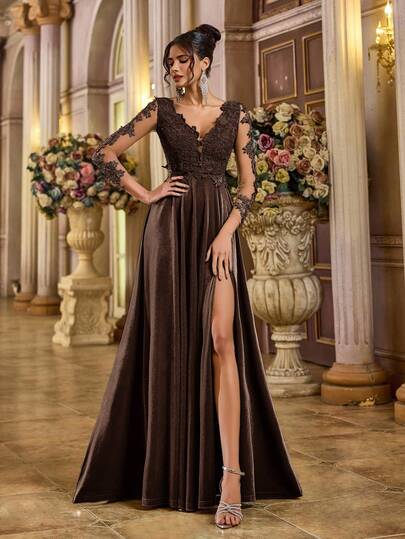 Aureia Elegante vestido de noche de encaje oscuro con patchwork, escote en V, manga larga, aplicaciones, bloqueo de color y abertura alta, para el Día de San Valentín