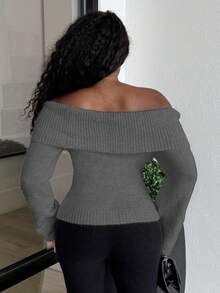 Alexandranx Women's Casual Solid Color Foldover Off Shoulder Pullover Sweater, Autumn - Grey - View 3