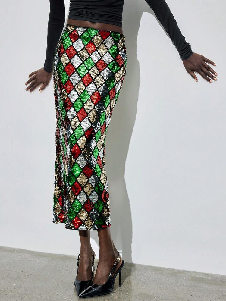 SHEIN Maija Women's Colorful Geometric Sequin Fabric Elastic Waist Side Invisible Zipper Slit Fitted Long Skirt, Suitable For Urban Commuting, Business Casual, Office, Teacher, Elegant Christmas & New Year Attire Sequin Skirt