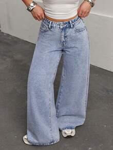 SHEIN PETITE 女士休闲日常水洗斜插口袋宽松阔腿牛仔裤 - 藍色 - 查看 5