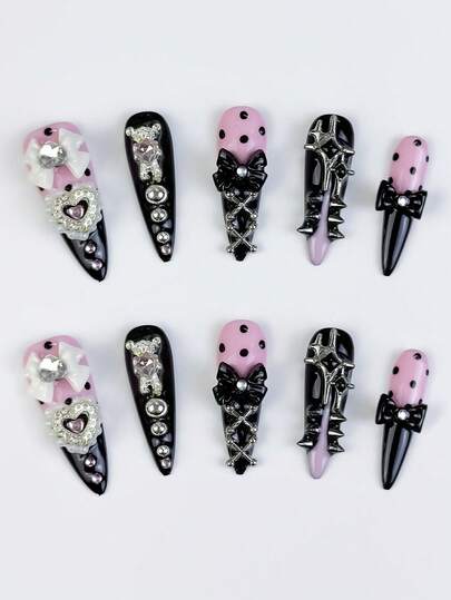 Anime 10pcs Y2K Cute Heart, Star, Bow, Wing Nail Art Stickers With Tape
