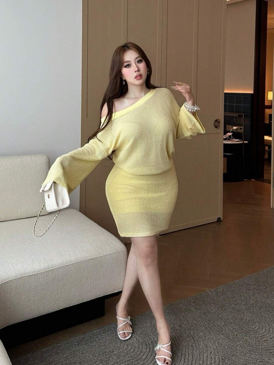 Flirla 大码女式菠萝提花休闲舒适连衣裙 - 淡黃色 - 查看 1