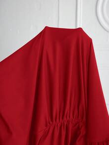 SHEIN 孕妇婴儿派对女士连衣裙，带袖纯色V领褶皱连衣裙 - 紅色 - 查看 7