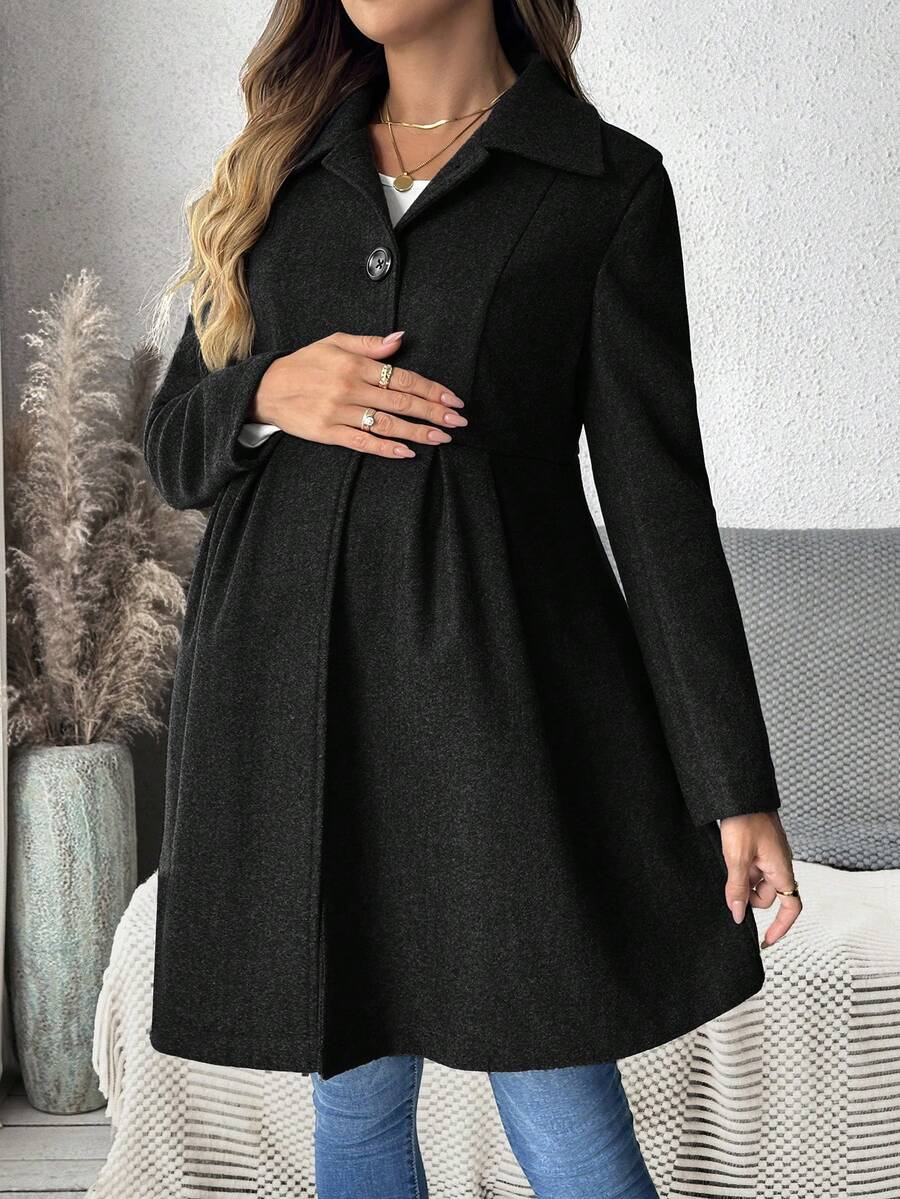 SHEIN 孕妇冬季女式外套，带帽纽扣A字型外套，大衣 - 黑色 - 查看 1