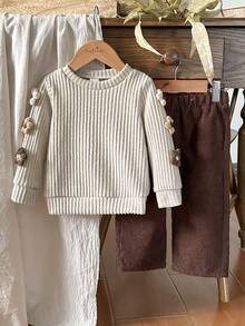 SHEIN Vintaside Kids 2pcs/Set 6Months-3Years Baby Fall For Girl Casual Style Suit Flower Decoration Long Sleeve Top&Long Pants