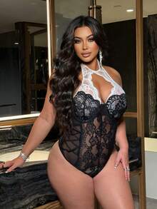 NU&NOW Combinaison sexy grande taille en dentelle et patchwork avec armatures, fines bretelles et dos nu, pour usage quotidien, rendez-vous, fête et rassemblement