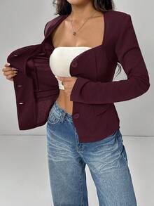 SHEIN EZwear Chaqueta de traje casual de moda sencilla para mujer en color rojo vino para otoño e invierno - Burdeos - Ver 6