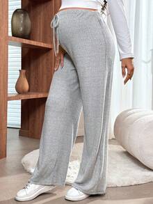 SHEIN Maternity Solid Color High Waist Drawstring Straight Loose Ribbed Pants Knit Pants Wide Leg Sweatpants Casual Pants For Women Flared Sweatpants - Grey - View 5