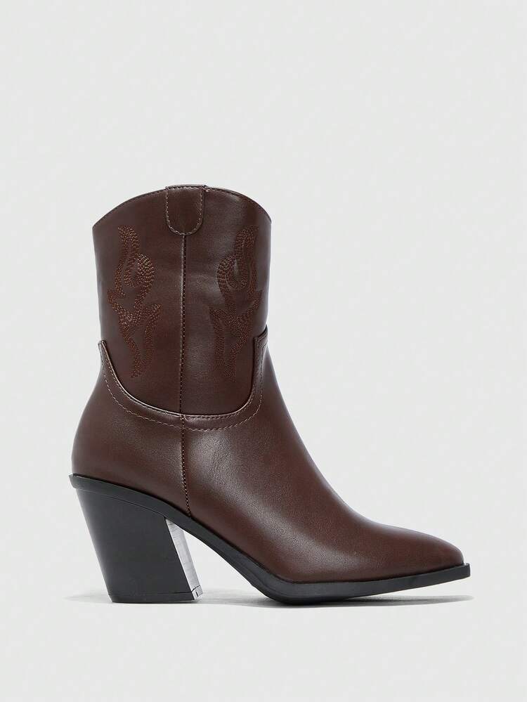 CUCCOO BIZCHIC Fashionable Basic Comfortable Commute Black Patchwork Faux Suede Striped Square Buckle Chunky Heel Ankle Boots