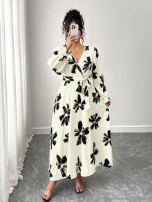 Elenzga 大码女式 V 领灯笼袖收腰 A 字长裙，秋冬 - 彩色 - 查看 5