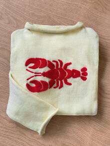 Elamini Áo len dệt kim dáng rộng Y2K dáng rộng thoải mái cho nữ, có cổ tay thêu họa tiết tôm hùm - Màu vàng - Xem 3