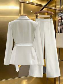 SHEIN Franclia 女士优雅通勤披肩领收腰大口袋长袖西装外套和裤子套装 - 白色 - 查看 2