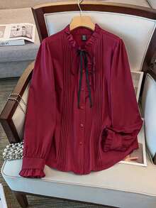 GlowEve CURVE Plus Size Women Long Sleeve Small Stand Collar Striped Casual Solid Color Ruffle Cuff Fashion Shirt, Suitable For Daily Commute - Burgundy - View 1