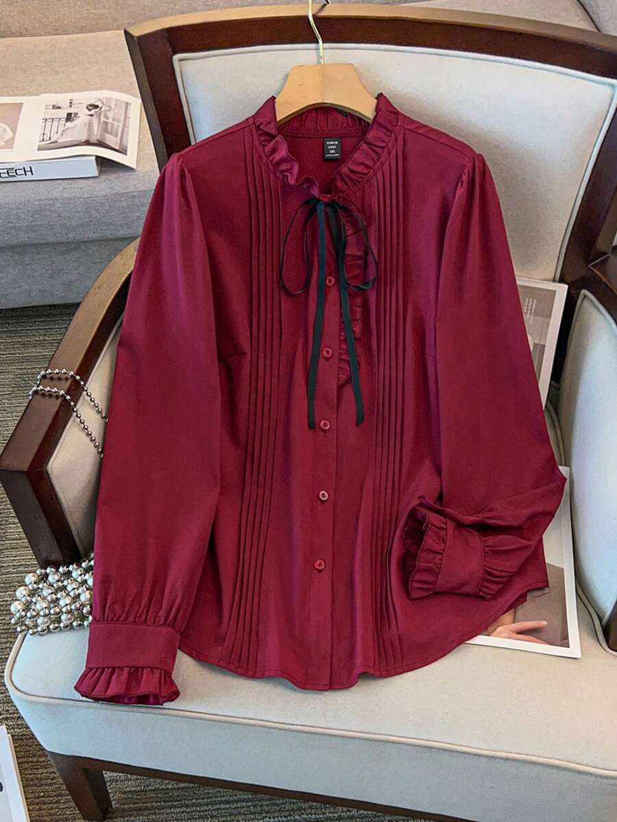 GlowEve CURVE Plus Size Women Long Sleeve Small Stand Collar Striped Casual Solid Color Ruffle Cuff Fashion Shirt, Suitable For Daily Commute - Burgundy - View 1