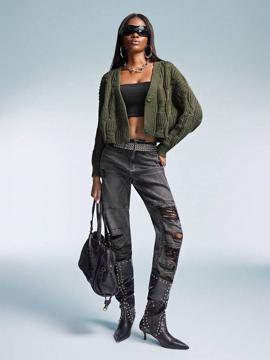 Aveloria GENKIRA Cable Knit Drop Shoulder Cardigan Oversized Sweater - Army Green - View 1