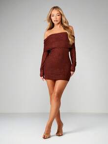 MISSGUIDED Off Shoulder Burgundy Diamante Embellished Mini Dress Long Sleeve Bodycon Evening Party Dress - Brown - View 3