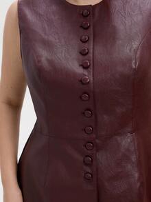 Aveloria Modichic Áo vest da PU cổ tròn không tay ôm vừa vặn có nút trang trí cỡ lớn cho nữ - Màu Đỏ Sâu - Xem 5