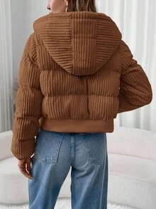 SHEIN LUNE 女式短款休闲街头时尚灯芯绒棉衣，冬季 - 咖啡棕 - 查看 2