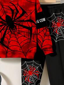 SHEIN 2 件套年轻男童休闲时尚蜘蛛与英文字母可爱卡通扎染 Y2K 保暖运动衫套装，适合夏季 - 彩色 - 查看 6