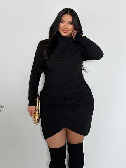Firerie Plus Size New/Comfortable Casual Elegant Minimalist Daily High Neck Ruched Elastic Wrap Front Long Sleeve Dress For Women Spring