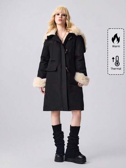 Stylish Faux Shearling Patchwork Padded Coat, Midi Length, Horn Button, Korean Style Parka Jacket, Black