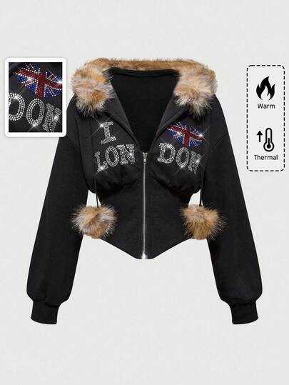 Heart & National Flag Rhinestone Faux Fur Patchwork Fitted Hoodie