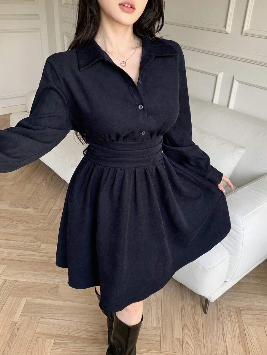 Feyla Casual Versatile Commuter Women Shirt Dress Navy Blue Elegant Dress Dark Blue Dress Collared Dress French Style Dress Long Sleeve Dresses Woman Winter Clothes For Women - Navy Blue - View 1