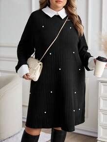 SHEIN CURVE+ LUNE 大码春秋休闲拼色串珠装饰连衣裙冬装，有袖连衣裙，黑色长袖连衣裙，感恩节连衣裙 - 黑色 - 查看 10